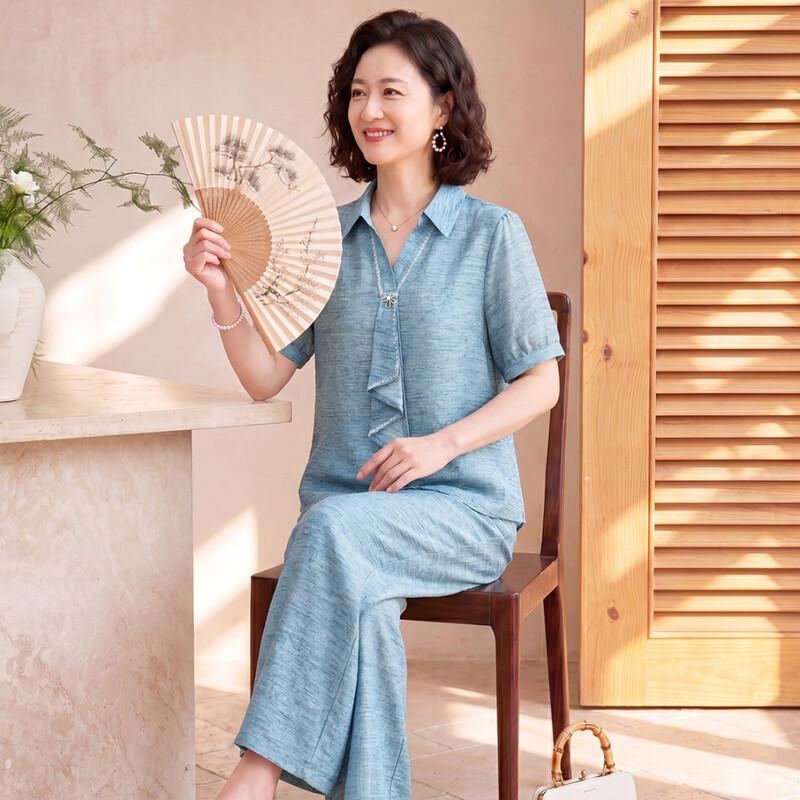 Women's Elegant Tie-Neck Short Sleeve & Wide-Leg Pants Set