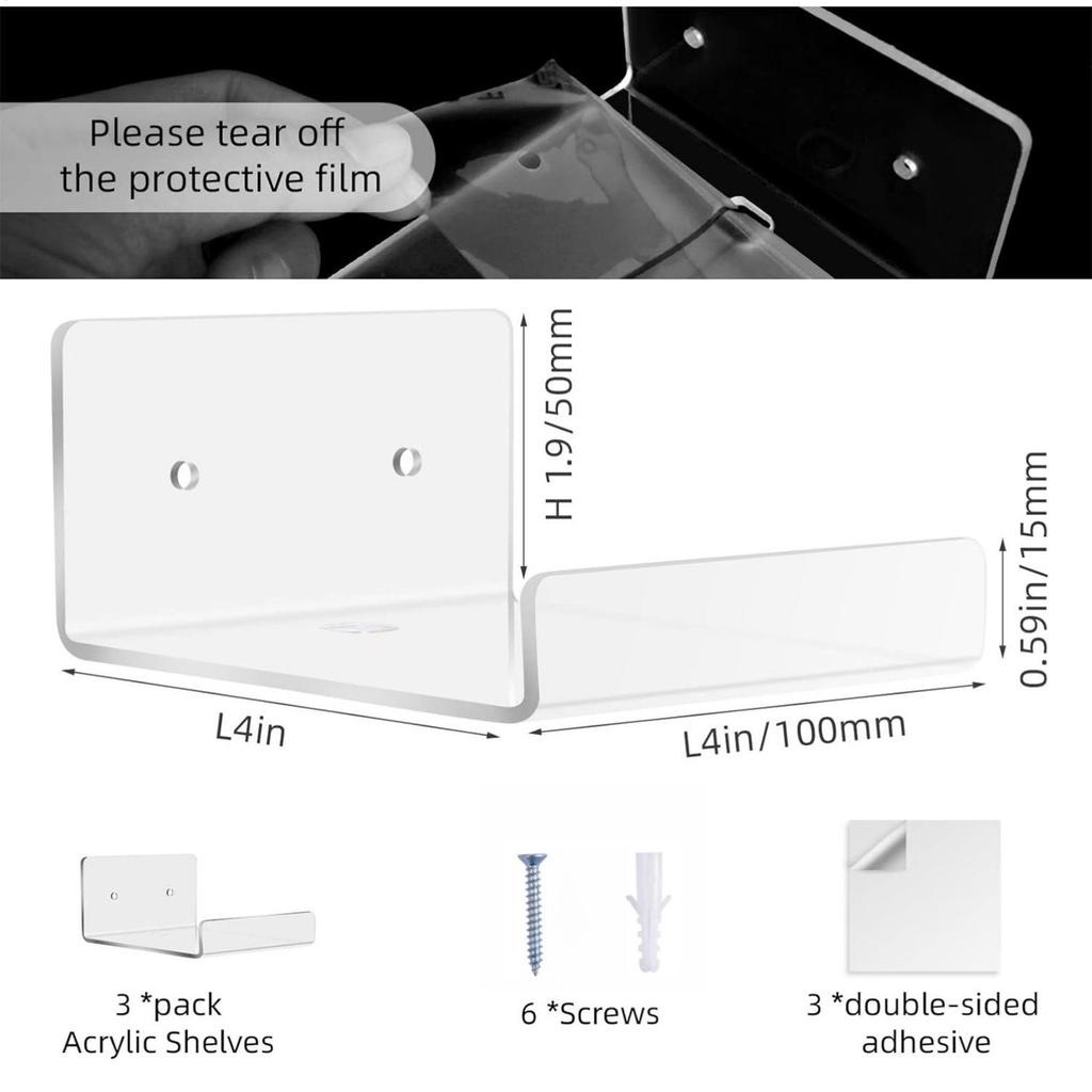 Acrylic Floating Shelves 3 Pieces Photo Frame Organizer Wall Mounted Book Shelf For Renters Designers Students Office Shop Hotel