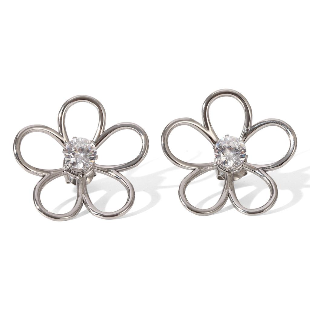 Light Luxury Minimalist Hollow-out Flower Stud Earrings with Zircon Inlay, Designer Ear Jewelry, Titanium Steel Accessories