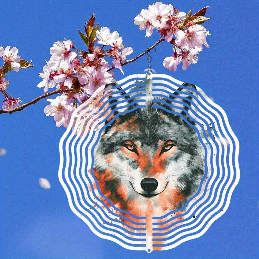Wolf Watercolor Wind Chime with 360 Rotating Hook Outdoor Garden Patio Decor Weatherproof 2D Dynamic Art for Holiday Gifts