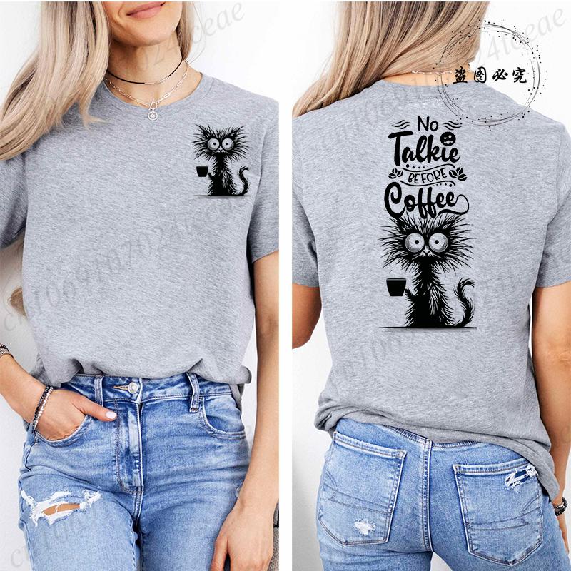 No Talkie Before Coffee Print T-shirt Short Sleeve Casual Top Summer Women Black Cat Kawaii Streetwear Graphic Tees Shirt Tops