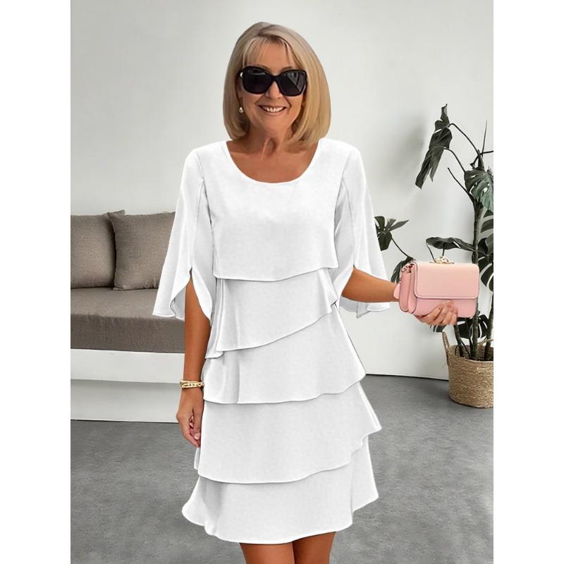 

women s Loose Fit Ruffle Layered Cake Dress Solid Color Round Neck 3/4 Sleeve Casual Tunic Mini Dress S белый