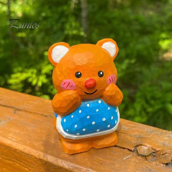 Hand Carved Basswood Bear Ornament Hand-Carved Ornament, Cute Apron Wood Decorative Figurine, Handcrafted Figure Statue for Desktop Shelf And