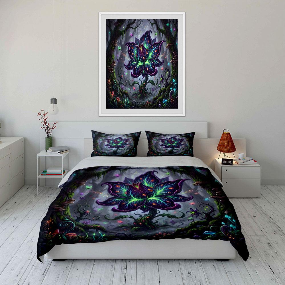 Mysterious Glowing Flower in Enchanted Forest Print Bedding Set 1 Duvet Cover 2 Pillowcases for Adult and Children Luxury Gift