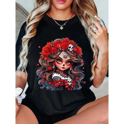 European Size Women's T-shirt,with The Strong Arrival of The Day of The Dead, Absorb Moisture and Sweat, Printed with Red Roses and Skull Prints