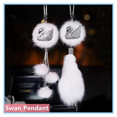 Car Pendant Fashion Diamond Crystal Fur Ball Swan Element Decor Automobile Rearview Mirror Car Hanging Ornaments Accessories