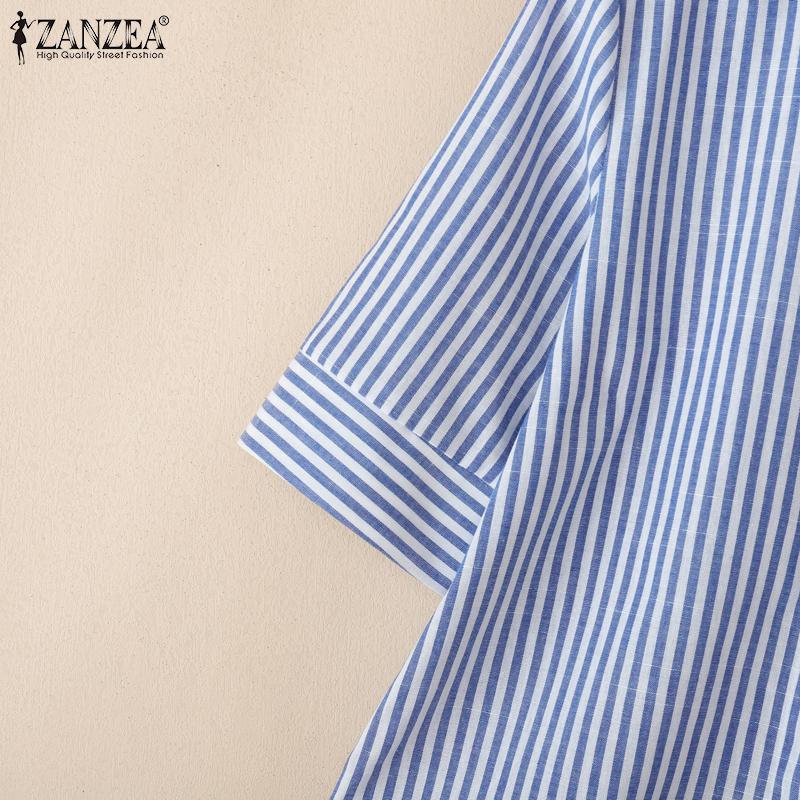ZANZEA Women Casual Turn Down Collar Loose 3/4 Sleeve Stripe Blouse