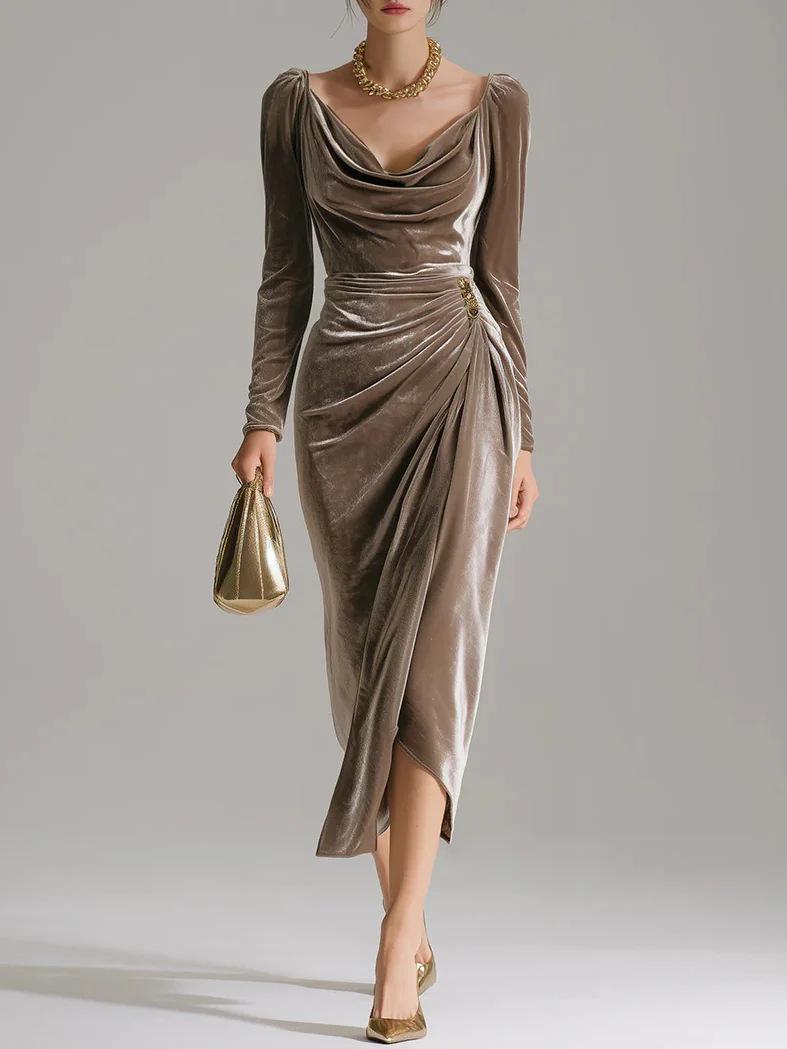 2025 Women s Casual Golden Velvet Slim Fit Long Sleeve Pleated Split Dress Extra Large