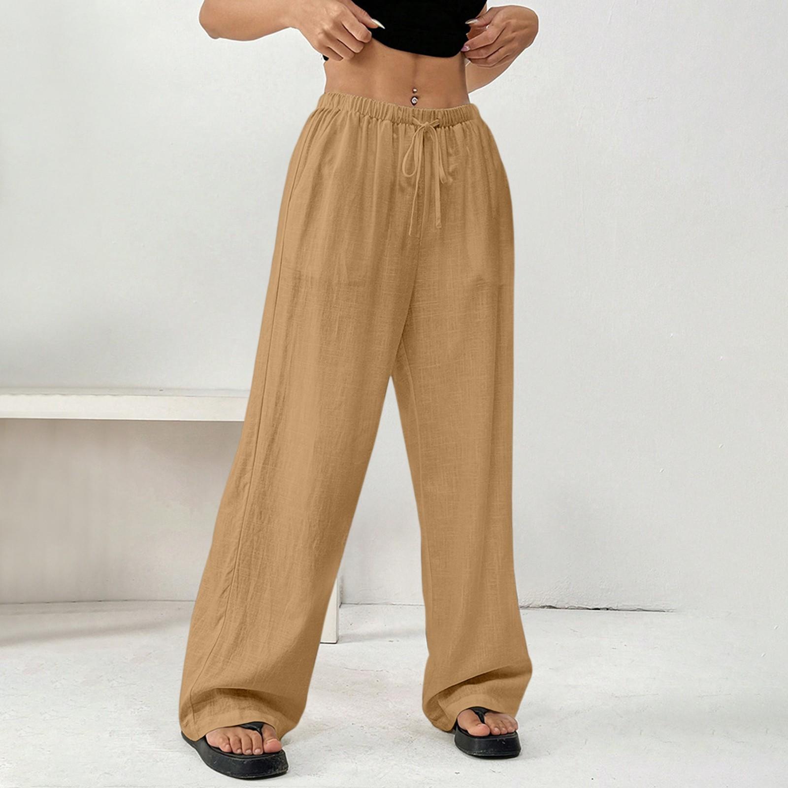 

Ladies Fashionable Solid Color Straight Leg Pants With High Waist Drawstring Pockets And Elastic Waist Casual Pants S хакі