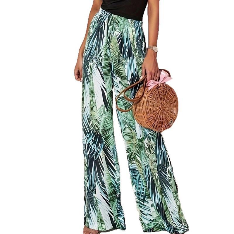 Women's Printed Trousers Casual Drawstring Leaf Printed Straight Leg Trousers