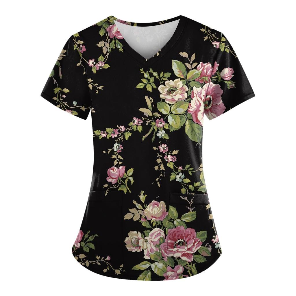 Women Fashion Spring And Summer Oil Painting Print V-neck Short Sleeve Workwear With Pockets Tops