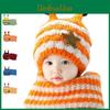 Winter Kids Hat With Plush Ear Protection Big Five-pointed Star Hat Scarf Set Striped Woolen Material Blue Yellow Orange Red Pink