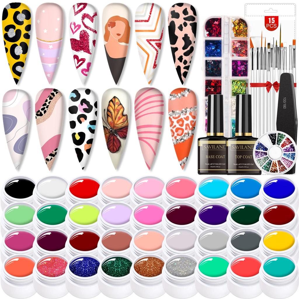 Saviland Nail Art Kit Gel 36 Gel Paint Base Top 15 Nail Nail Nail Nail Manicure Nail Art DIY Nail Decoration 56-Piece Paint Colors, & Coat, Brushes,