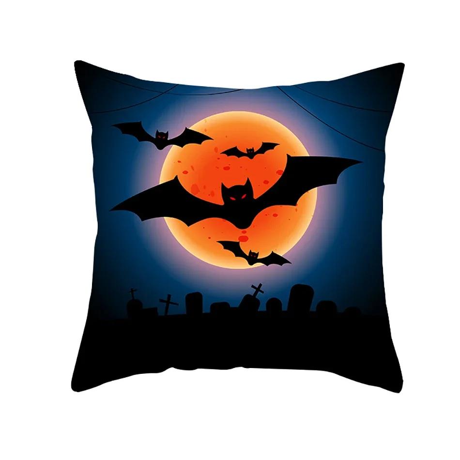 Home Decor Halloween Cushion Cover Skull Cat Scary Pumpkin Bat Castle Print Square Pillowcase Party x Funda de almohada
