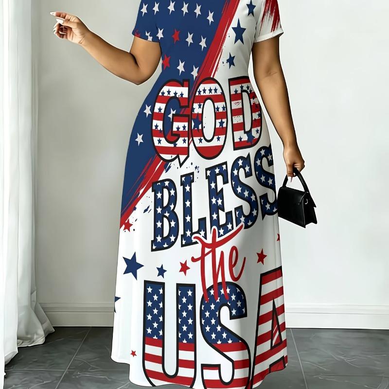 God Bless The USA Flag Print Plus Size Round Neck T Shirt Dress Red White Blue Casual Loose Fit Long Dress for Women Summer Outfit