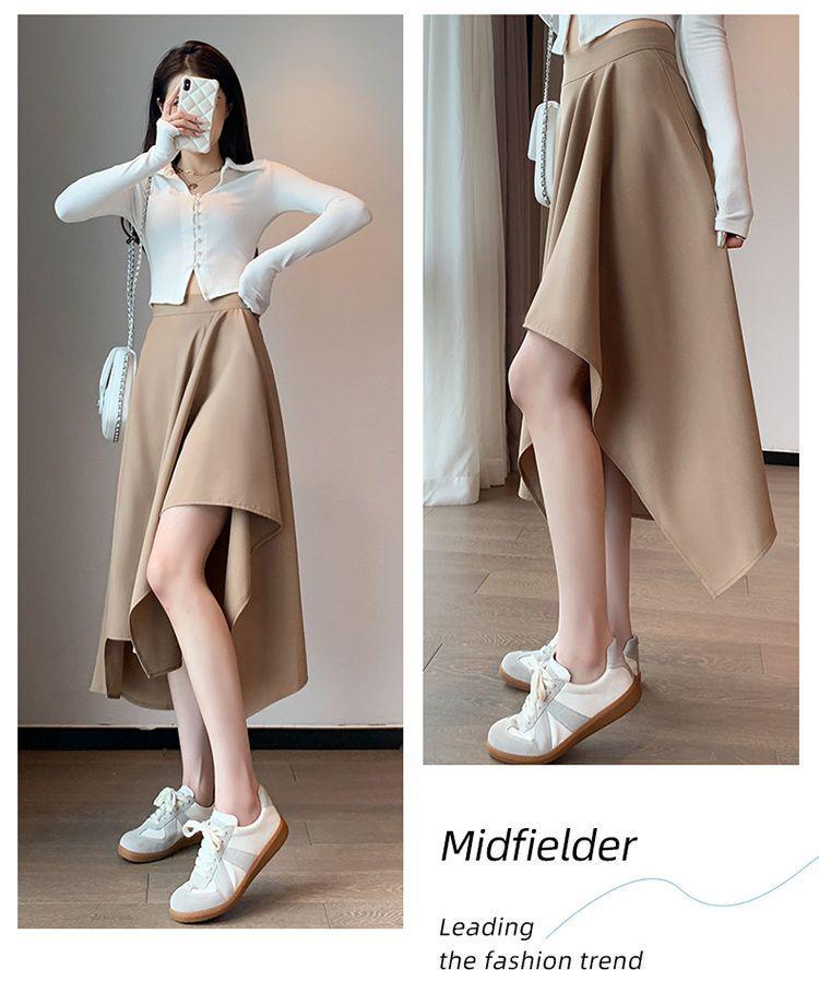 Design Sense Women's Irregular A-Line Midi Skirt - Korean Style, Slim Fit, Versatile for Spring