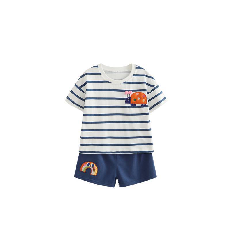 Girl Summer Cotton Striped Twopiece Set With Short Sleeve Top And Shorts For Kids