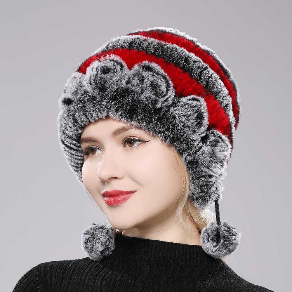 Winter Hats for Girls Women's Fur Hat Real Rex Rabbit Cap Floral Knitted Hat with Balls Skulls Beanies 55-59cm