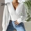 Casual Women Shirt Tops V-Neck See-Through Lantern Long Sleeves Tee Solid Color V-neck Top Slim Fit Pullover Daily Wear Blouse