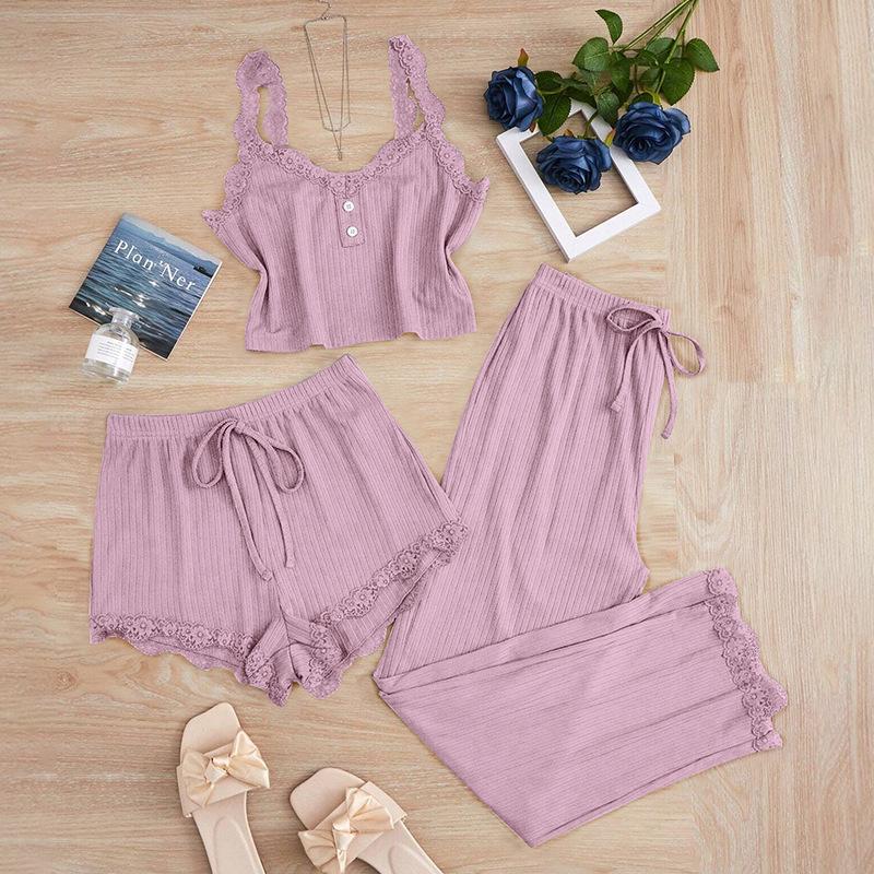 Women's Summer 3PCS Pajama Sets Solid Vest Shorts and Pants Paired with Lace Splicing for Homewear Sexy Sleepwear Sets