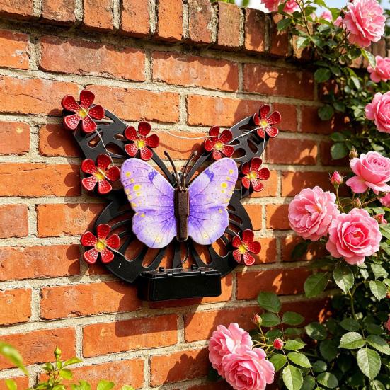 Solar Light, Butterfly Design Outdoor Wall Decor, Garden Art Soft Glowing Solar Light, Hand-Painted UV Coated Solar Light for Yard Patio Party