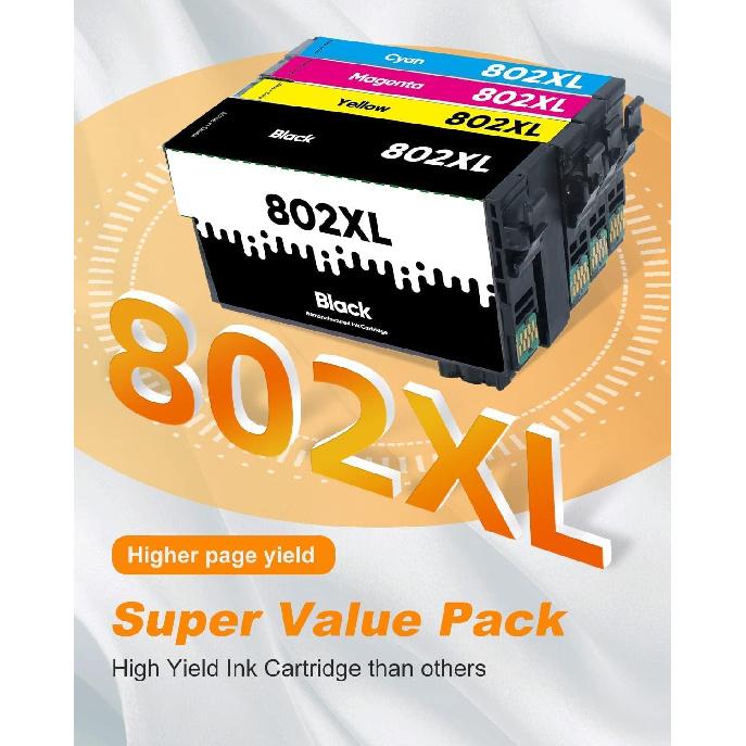 MILEKO 802XL Remanufactured Ink Cartridge Replacement for Epson 802 XL T802 T802XL Combo Pack (Black, Cyan, Magenta and Yellow, 4-Pack) for Epson