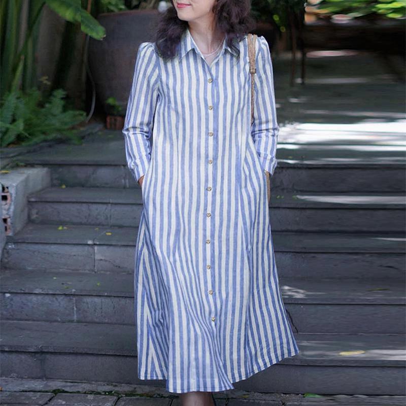 ZANZEA Damen Umlegekragen Lässig Langarm Streifen Hemdkleid