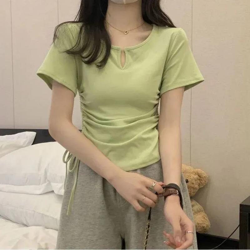 Damen T-Shirt mit V-Ausschnitt, seitlichem Tunnelzug, Cropped und Kurzarm