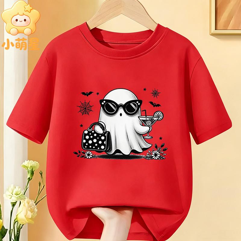 Cotton Kids Halloween T‑Shirt Adorable Ghost Riding Bike Flower Basket Bat Star Holiday Print Short Sleeve O‑Neck Children Tees