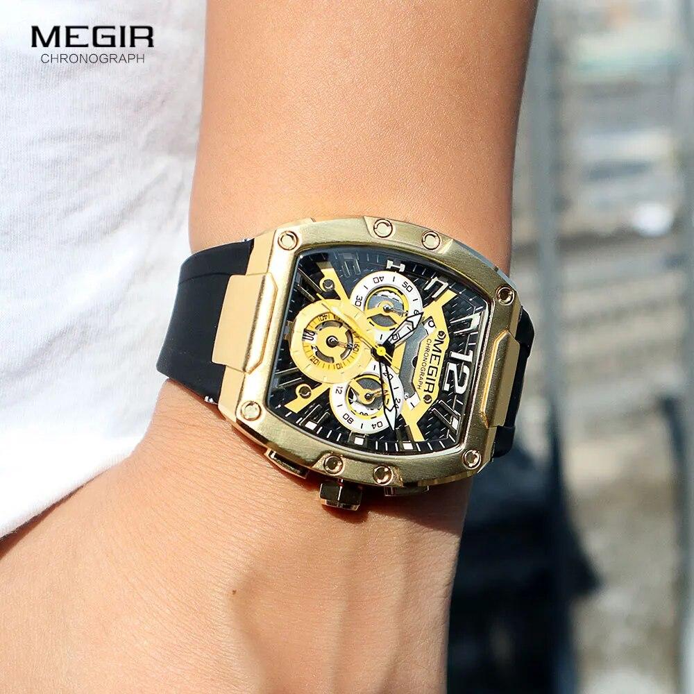 Megir Quartz Watch for Men Waterproof Silicone Strap Fashion Tonneau Case Chronograph Sport Wristwatch with Date Luminous Hands