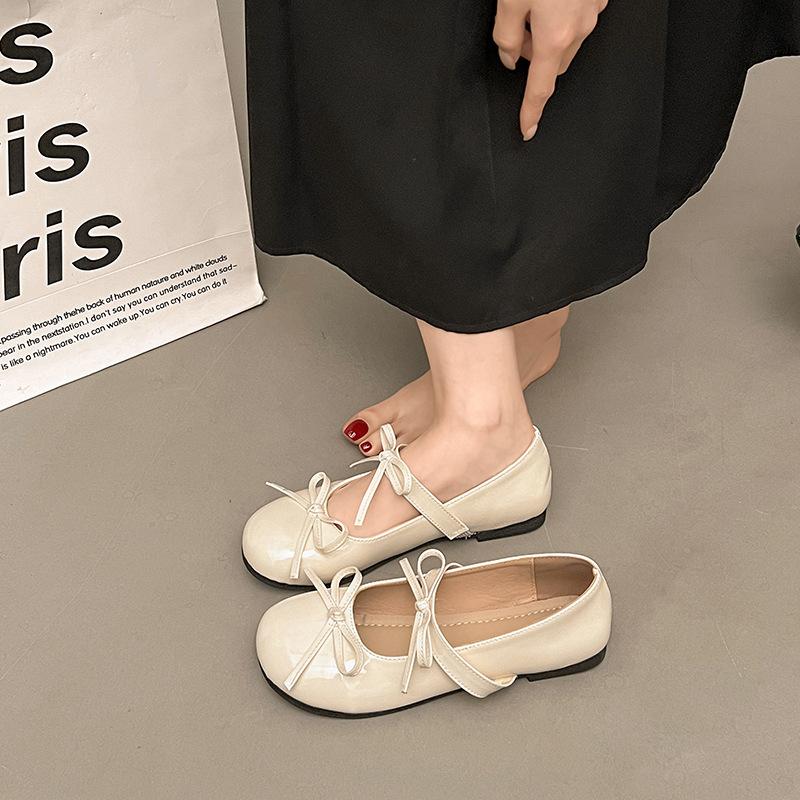 2025 New fairy shoes round head inner ballet single shoes bow flat Mary Jane shoes beanie shoes low heel