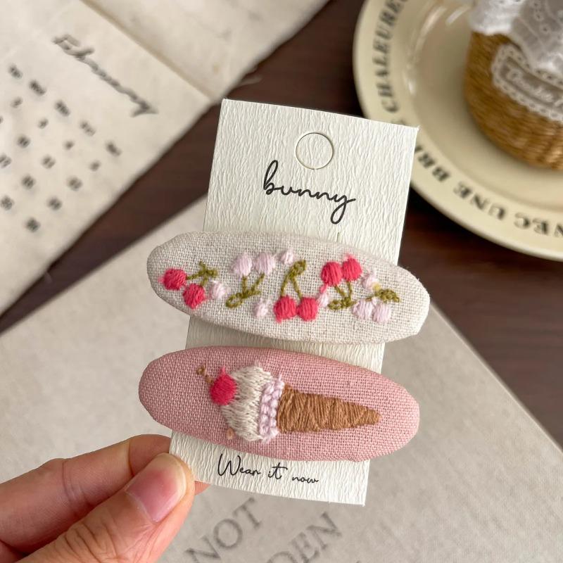 2Pcs Embroidery Flower Children's Hairpin Sweet Hair Clip Bangs Side Clip Hairpin Barrettes Headwear Hair Accessories Headdress