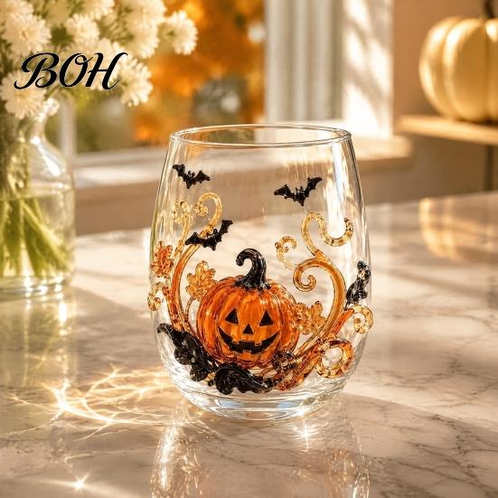Modern Glass Tumbler Halloween Artisan Glassware, Stemless Drinking Glasses with Raised Pumpkin Ghost Black Cat Web Large Capacity Beverage