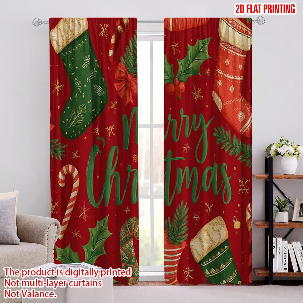 

2pcs,2D plane printing Pattern Curtains Stockings_ Snowflakes & Poinsettias Polyester Easy Install (without rod) Gifts Ldeal for 52.50 × 116.00 cm 2 pcs