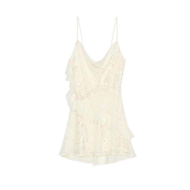 

Летняя женская одежда для города, с драпированным воротником, без рукавов, ламинированная отделка, платье-слинг с пайетками, короткое 3658849 Ground White XS