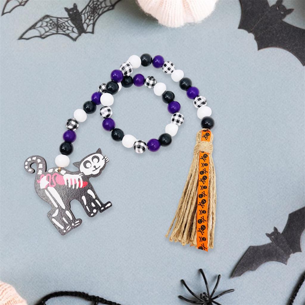 Halloween Tiered Tray Decoration Wooden Beaded Garland String with Tassel and Ghost Pumpkin Photography Props