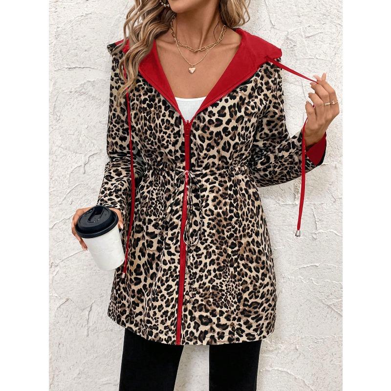 JKASHDK Women's Fashion Casual Leopard Print Autumn Winter Long Sleeve Hooded Jackets & Coats