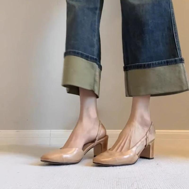 Fashion French Retro and Artistic Style High-heeled Sandals for Women, Round-toed, Back-fenced Shoes with Genuine Leather Toe Covers