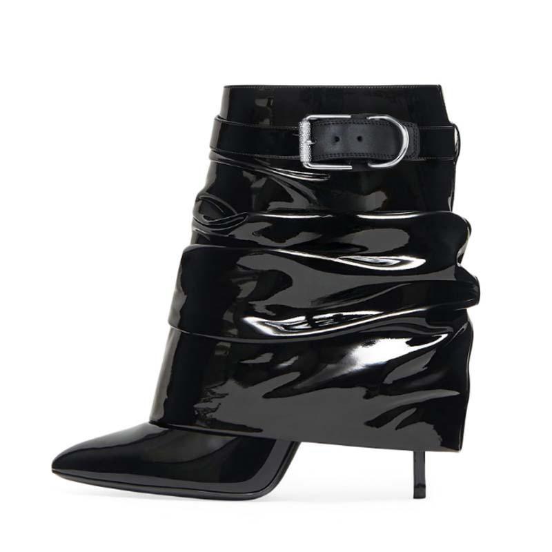Fashion Brand New European American Pleated Middle Tube Stacking Boots Pointed Slim High Heels, Solid Color Fashionable Skirts Boots 43