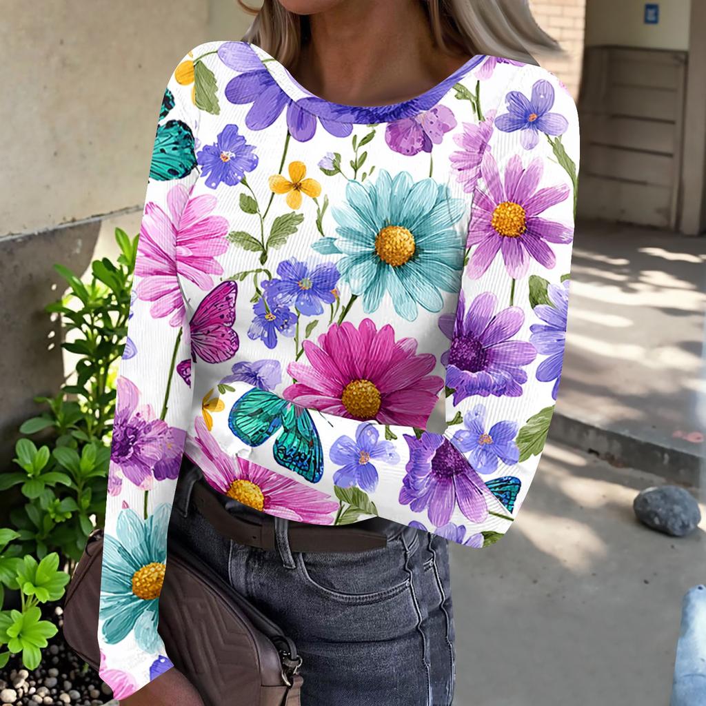 Women’s Casual Long Sleeve Ribbed Crew Neck Top with Floral Print Pullover Lightweight Stretchy Knitwear for Daily Wear