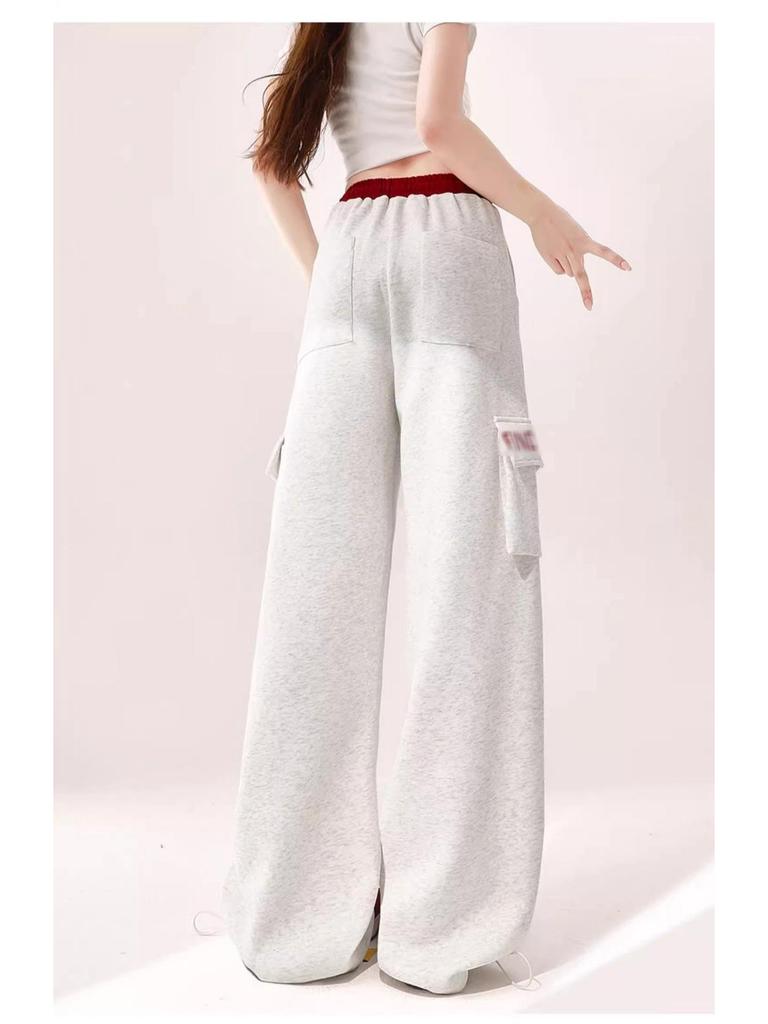 Women's Wide-Leg Cargo Jazz Sweatpants with Pockets - White & Gray, Autumn 2025