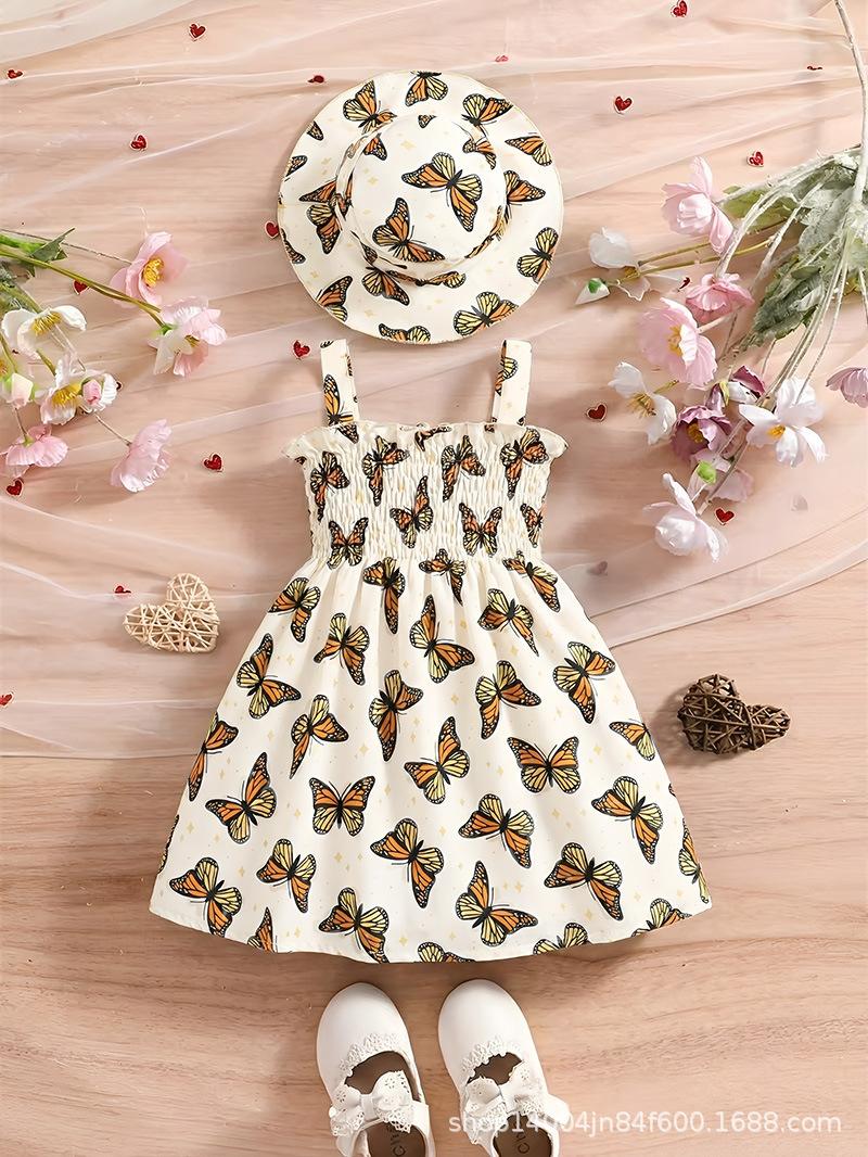 

0-3 Years Old Girl Fashion Princess Dress Summer Children s Cute Butterfly Print Dress With Matching Hat 9-12M