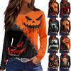 Women's Round Neck Long Sleeve Top with Halloween Print and Side Slit for Fall Festive Occasions