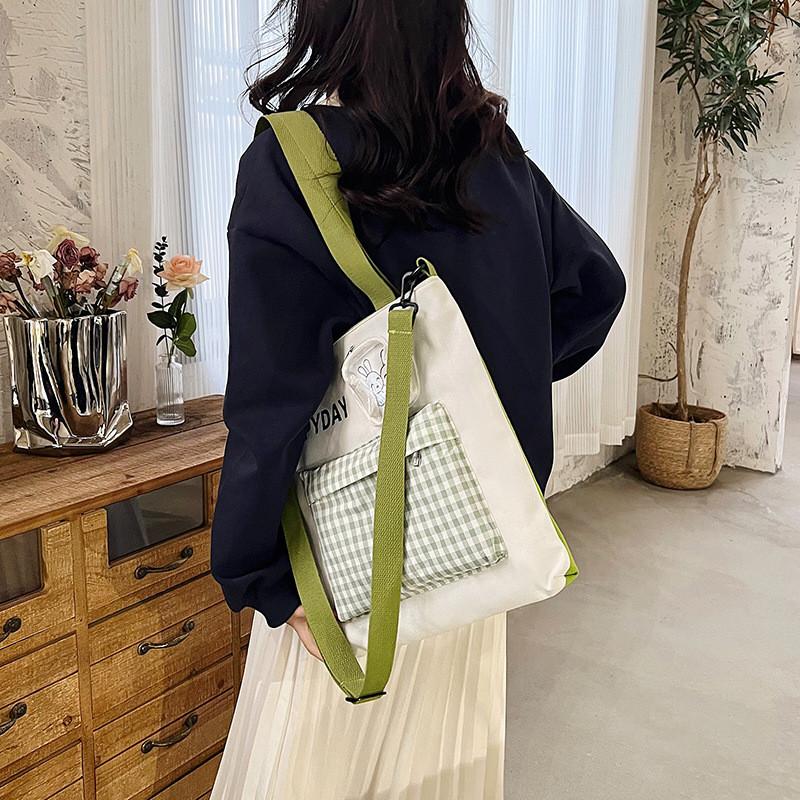 Cute Rabbit Canvas Tote Bag For Students Spacious Stylish Shoulder Crossbody Bag In Green Blue Black Purple Pink