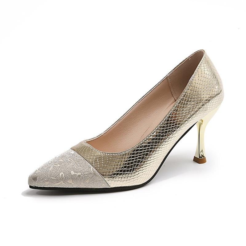 

Xiaoxiangfeng single shoes women s shoes thin heels pointed high heels texture color matching French gold Mary Jane shoes foreign trade 40 золотий