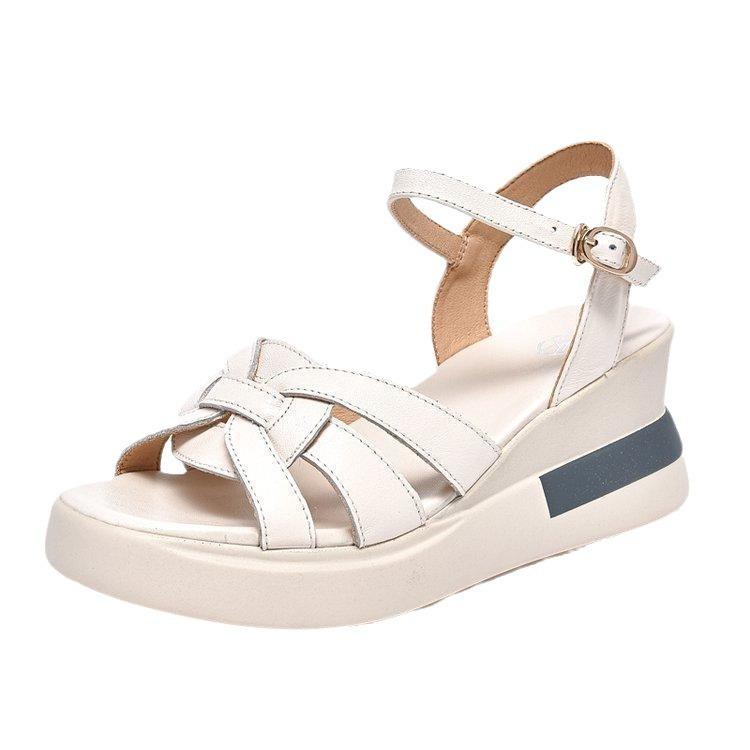 Horse shoes sandals women's summer 2025 new woven wedge heel thick sole non-slip retro one-word buckle belt women's sandals