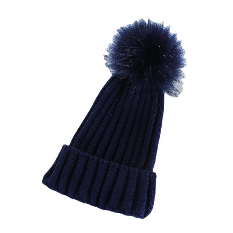 Korean Style Pom Pom Knit Beanie - Warm, Solid Color, Rolled Brim for Autumn & Winter