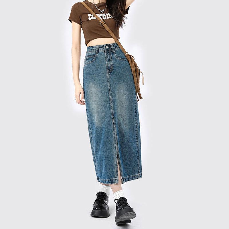 

Элегантная женская женская юбка-бюстье с разрезом спереди, прямая, повседневная, с длинным рукавом, в стиле ретро, универсальная, удобная, модная, джинсовая юбка-бюстье 2XL джинсовый