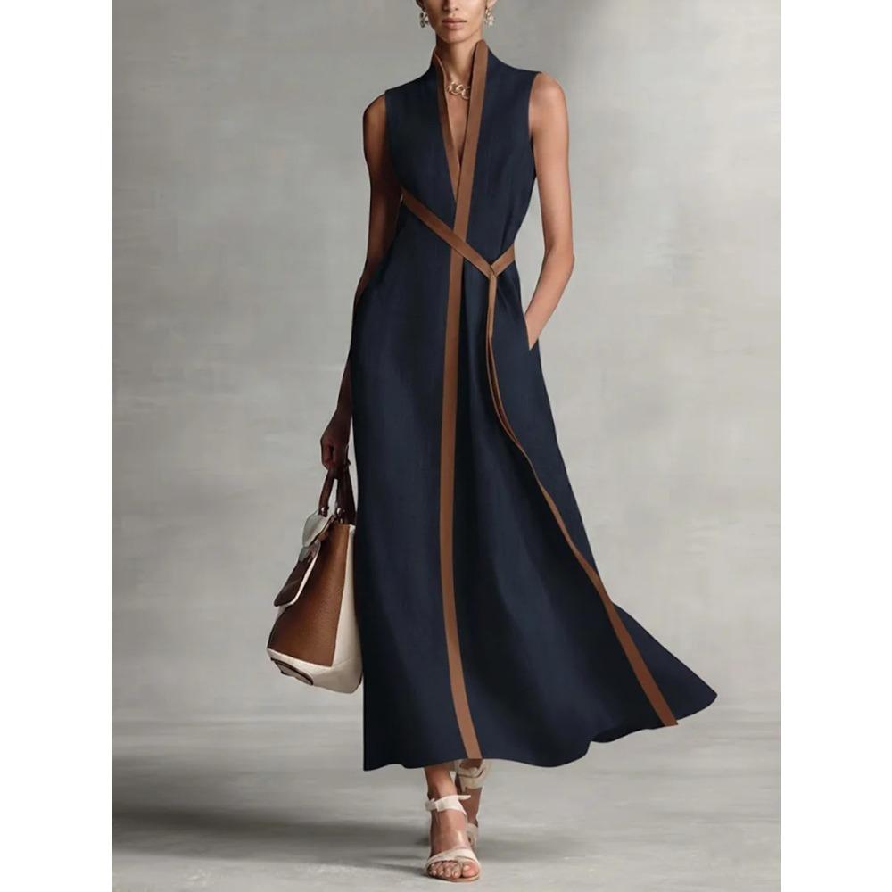 Damen Standkragen Ärmellos Unifarben Kontrastbänder Wickelgürtel Leinenmischung Maxikleid Elegant Pendler Täglich Urlaub Langes Sommerkleid