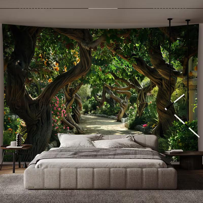 Twisted Tree Arch Tapestry Wall Hanging, Enchanted Garden Path with Floral Magical Landscape Wall Art for Home Decor